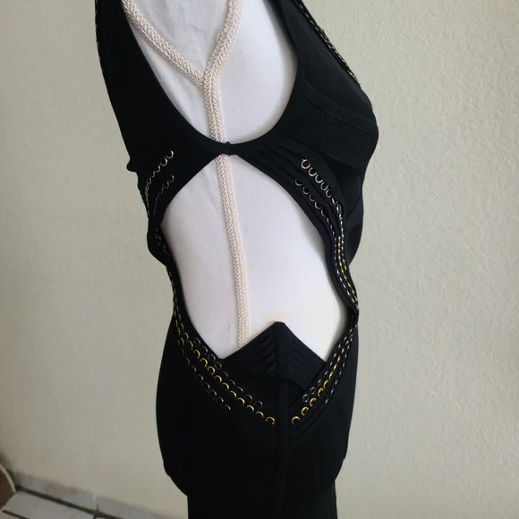 Herve Leger Black One-Shoulder Cutout Dress with Gold Trim - Picture 5 of 10